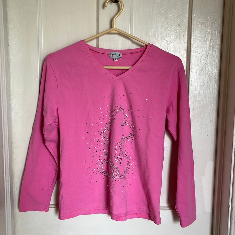 Agnés B Youth XL Silver Rhinestone Pink Longsleeve